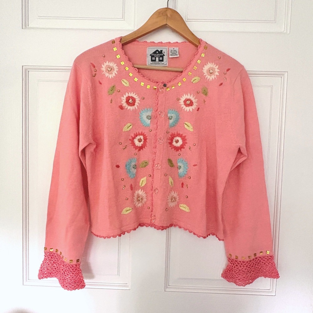 Storybook Floral Embroidered Crochet Trim Cardigan M‎ Boho Cottage Grandmacore